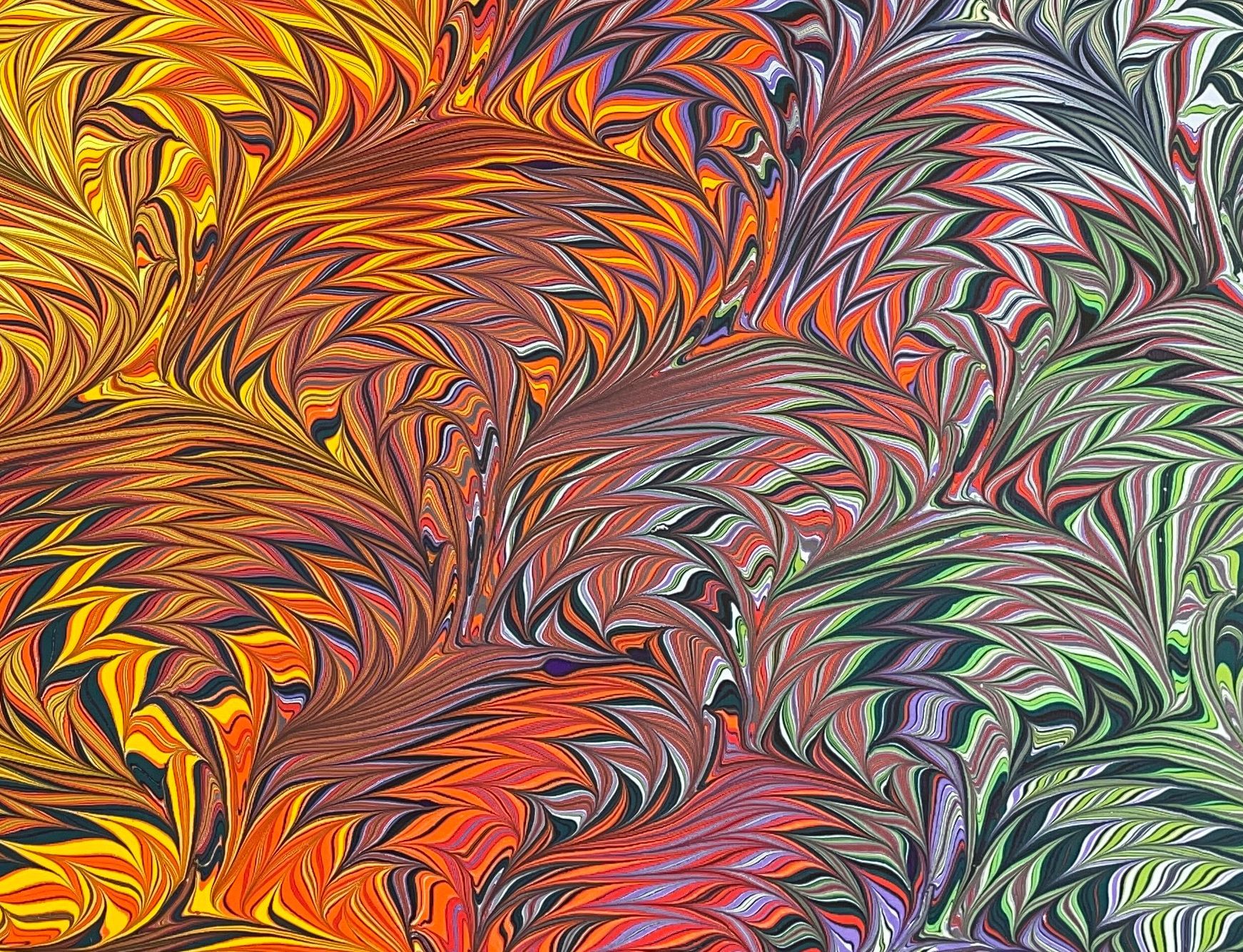 Young man pulls a marbled print.