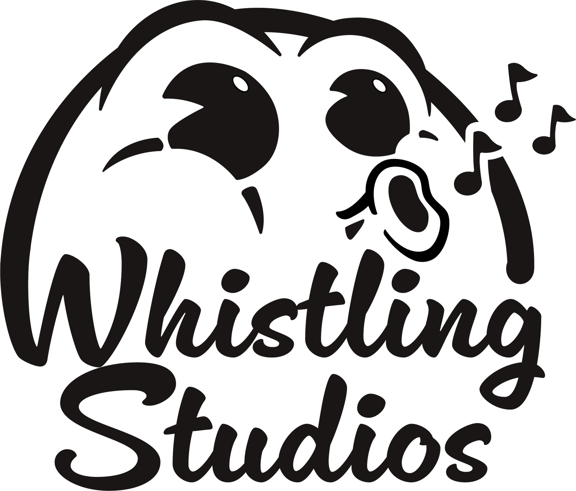 A black and white logo for whistling studios with cartoon character and music notes.