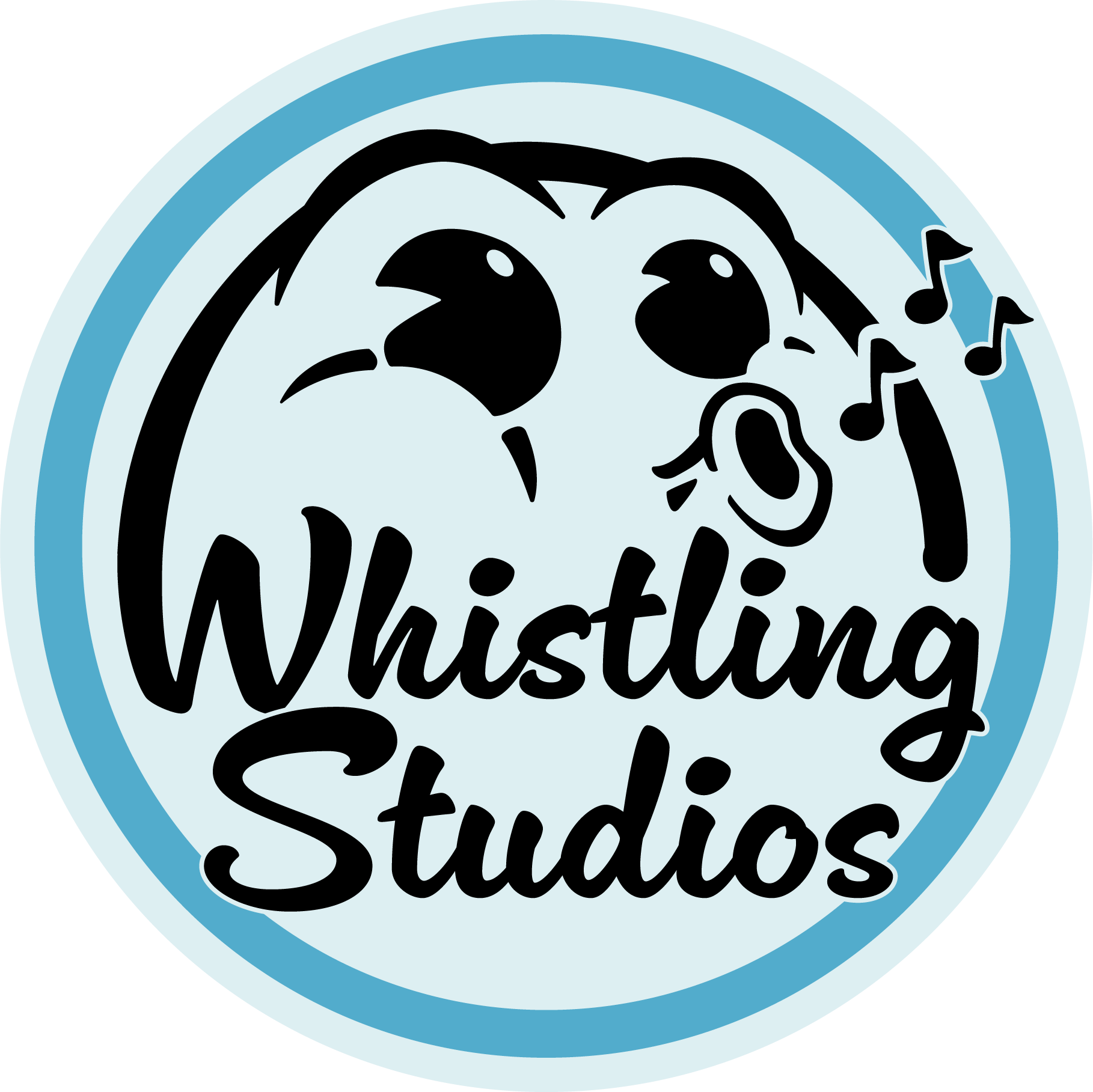 Logo for Whistilng Studios depicting a whistling cartoon character above 