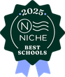 Niche Best Schools 2025 badge. Dark green and white with a blue ribbon. Contains the letter 