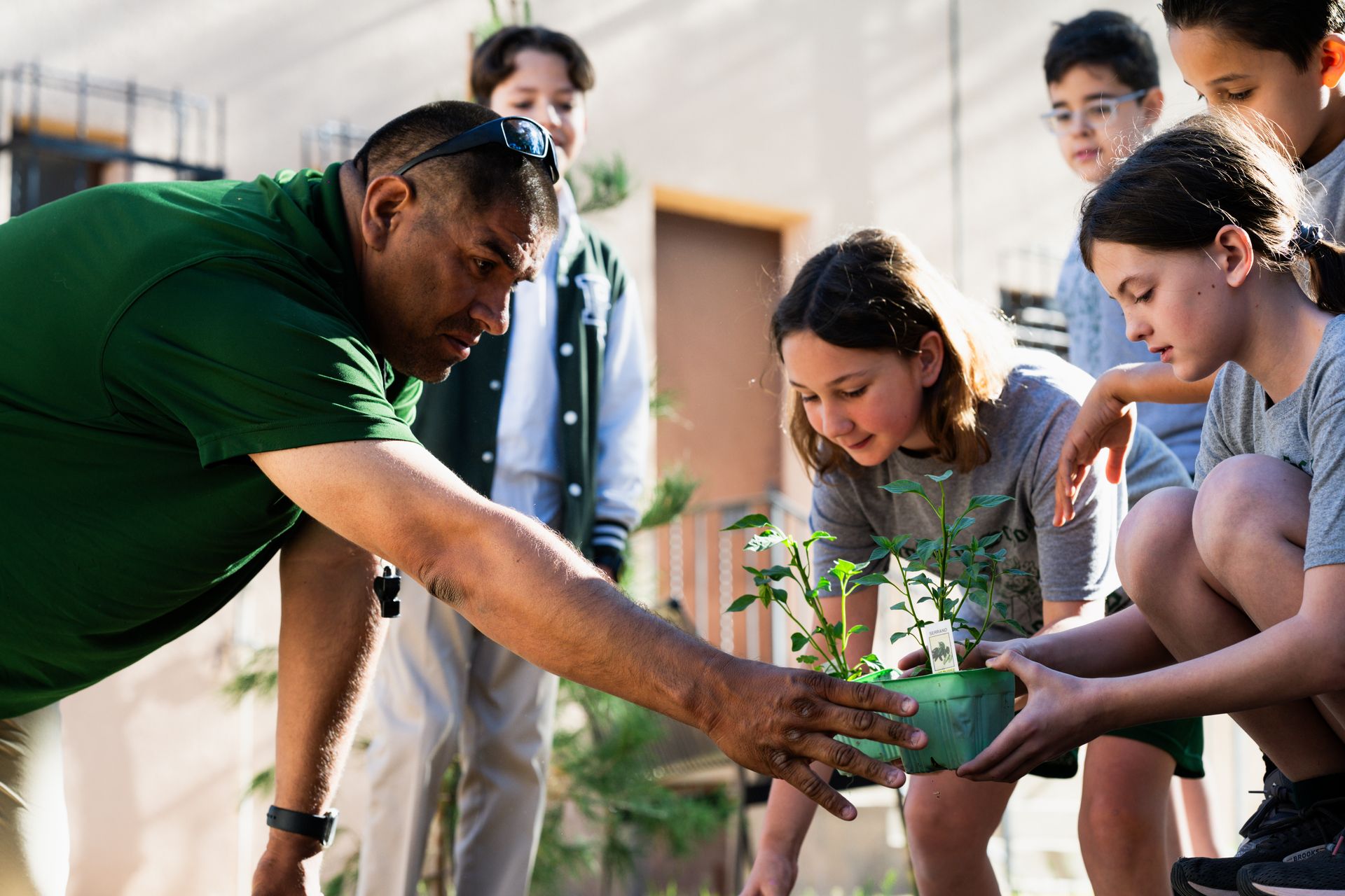 Man and children planting a small plant outdoors.