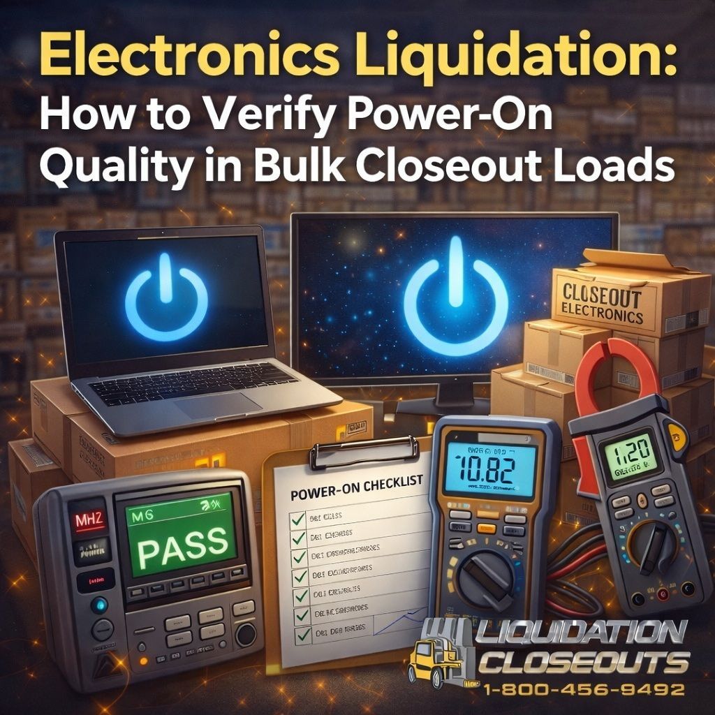 Electronics liquidation power-on testing with laptops, monitors, meters, and bulk closeout boxes.