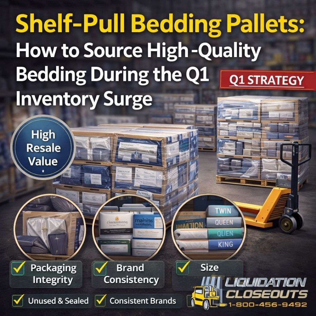 Shelf-pull bedding pallets stacked in a warehouse highlighting Q1 closeout sourcing strategy