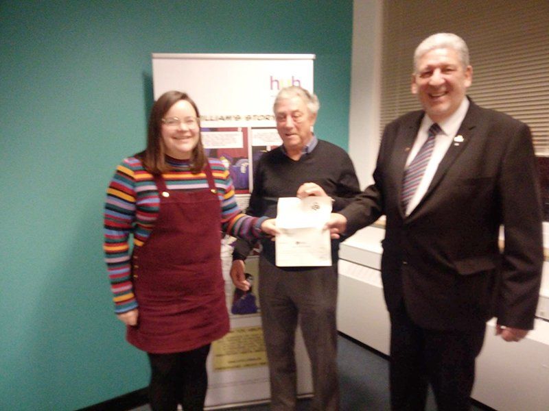 Worshipful Master, Stephen Bull and Charity Steward, Bob Cunneen present a cheque for £500 to the Herts Young Homeless