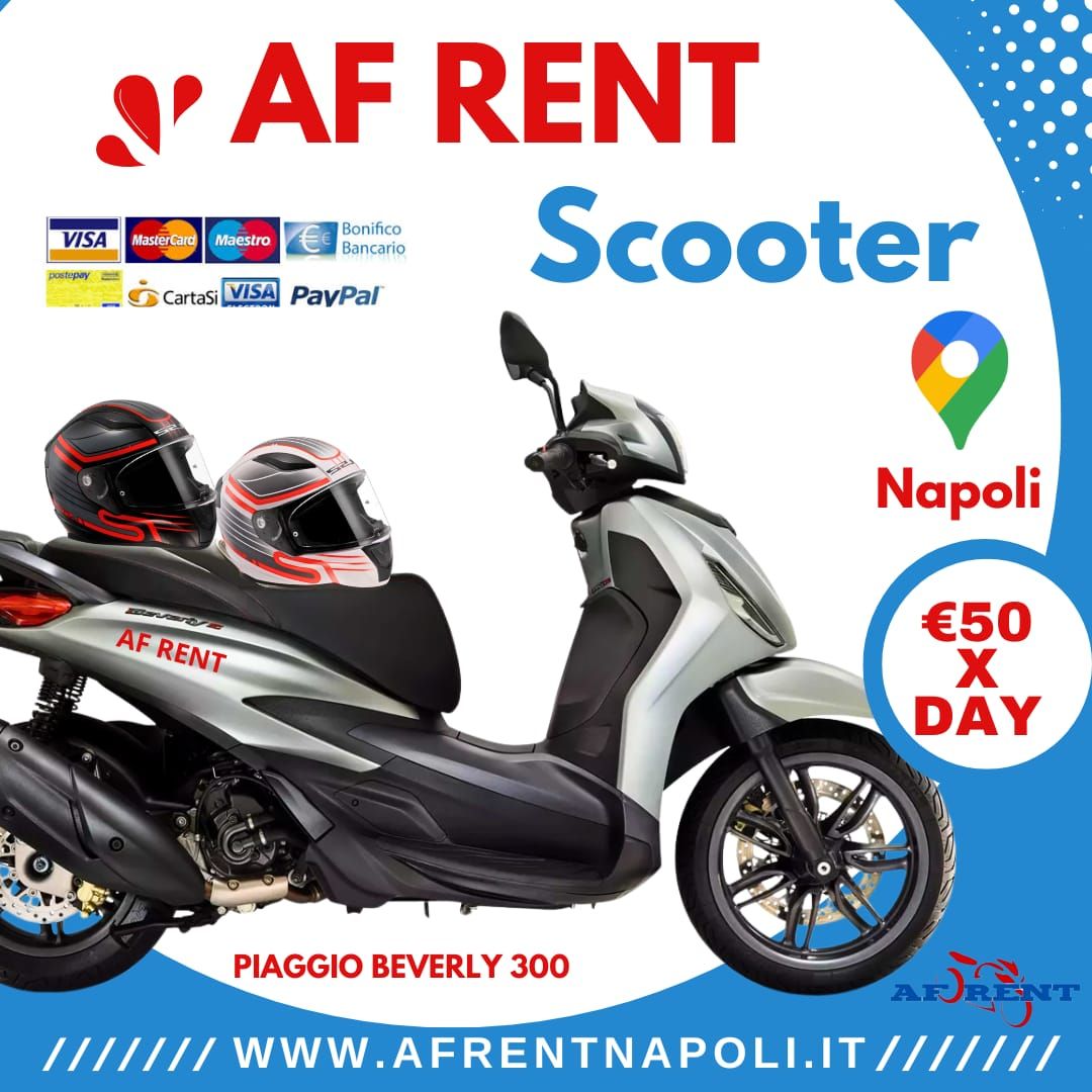 Rental Scooter Naples Station Piaggio Beverly 300 high-wheel scooter for rent in Naples. Free Tour Amalfi coast 