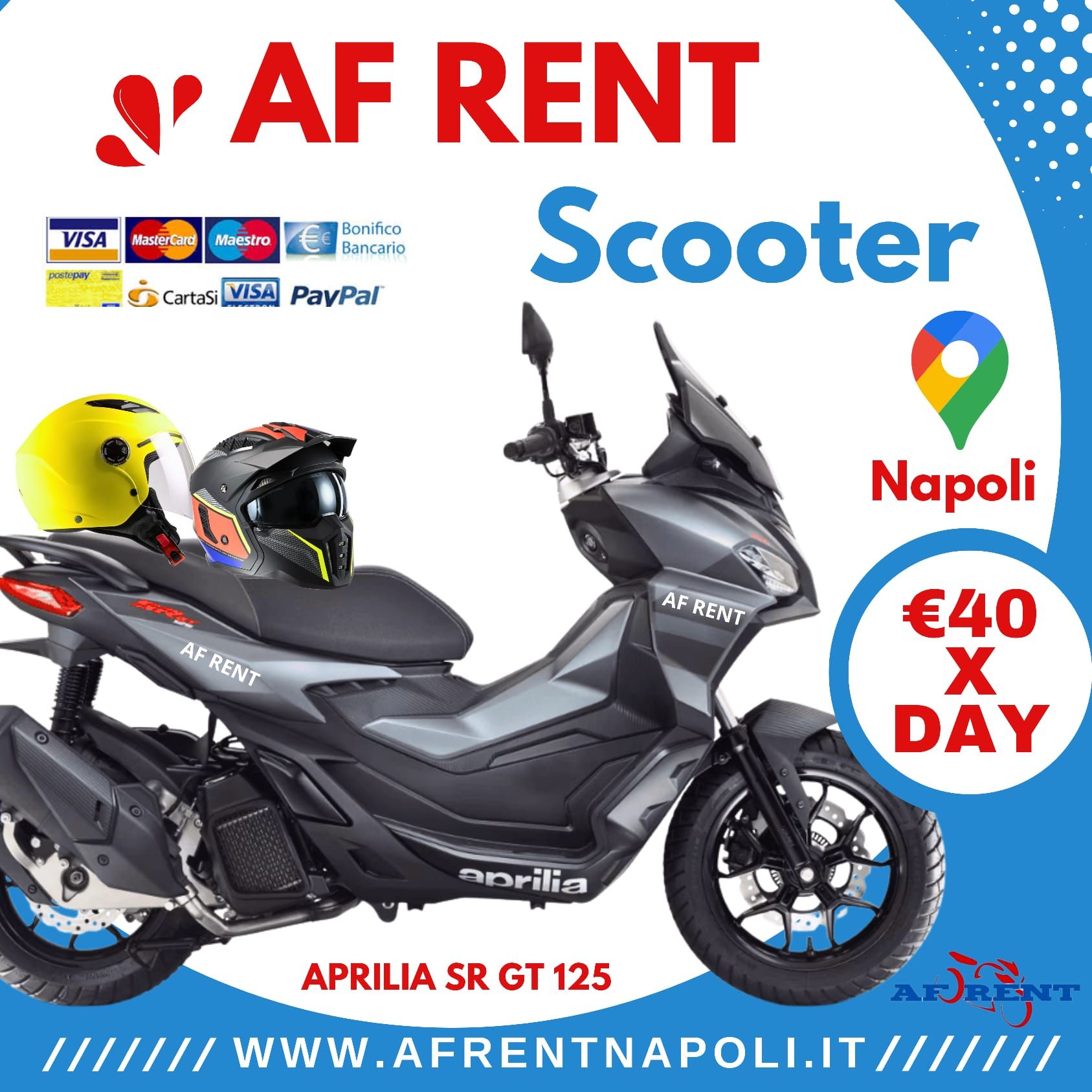 Rent scooter Naples Airport: Aprilia SR GT 125 with fast delivery and digital map.AF Rental Naples Station.