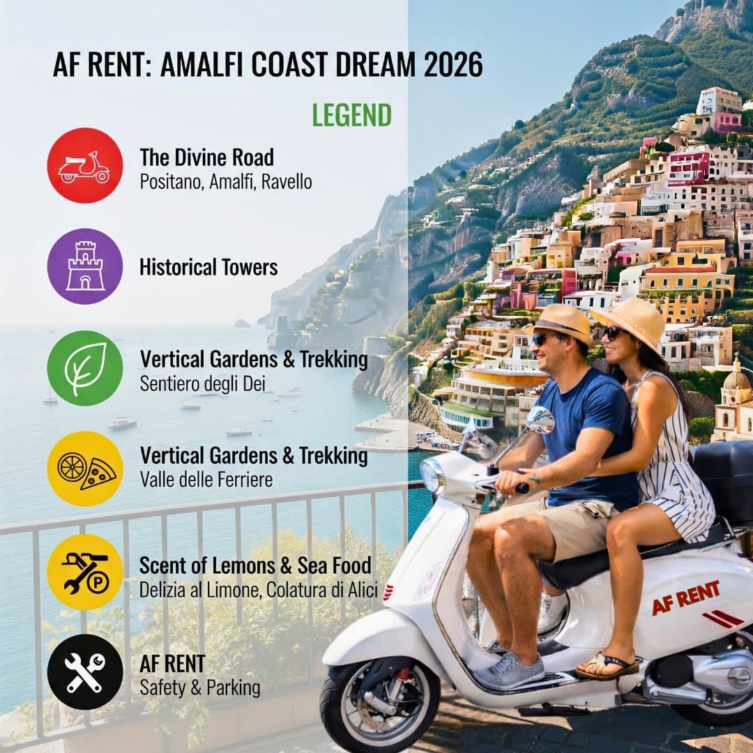 Free digital maps and itineraries for Amalfi Coast and Sorrento by Vespa. Recommended routes and scenic paths scooter