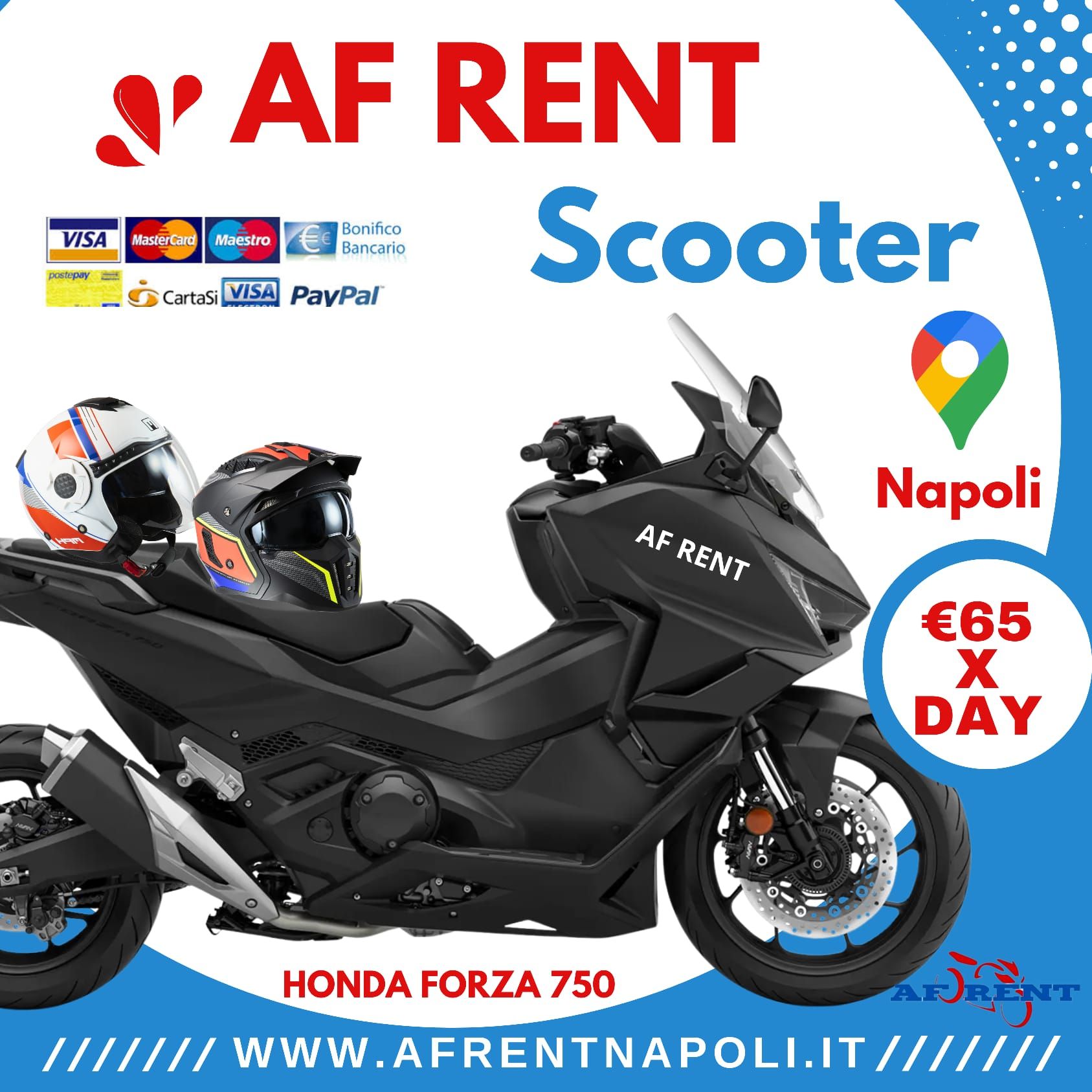 Honda Forza 750 Maxi Scooter Hire in Naples Central Station. Delivery to Airport and Port available by AF Rental 