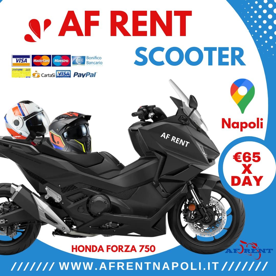 Rent a scooter Naples - Honda Forza 750 maxi scooter for rent at AF Rent with airport and port delivery.