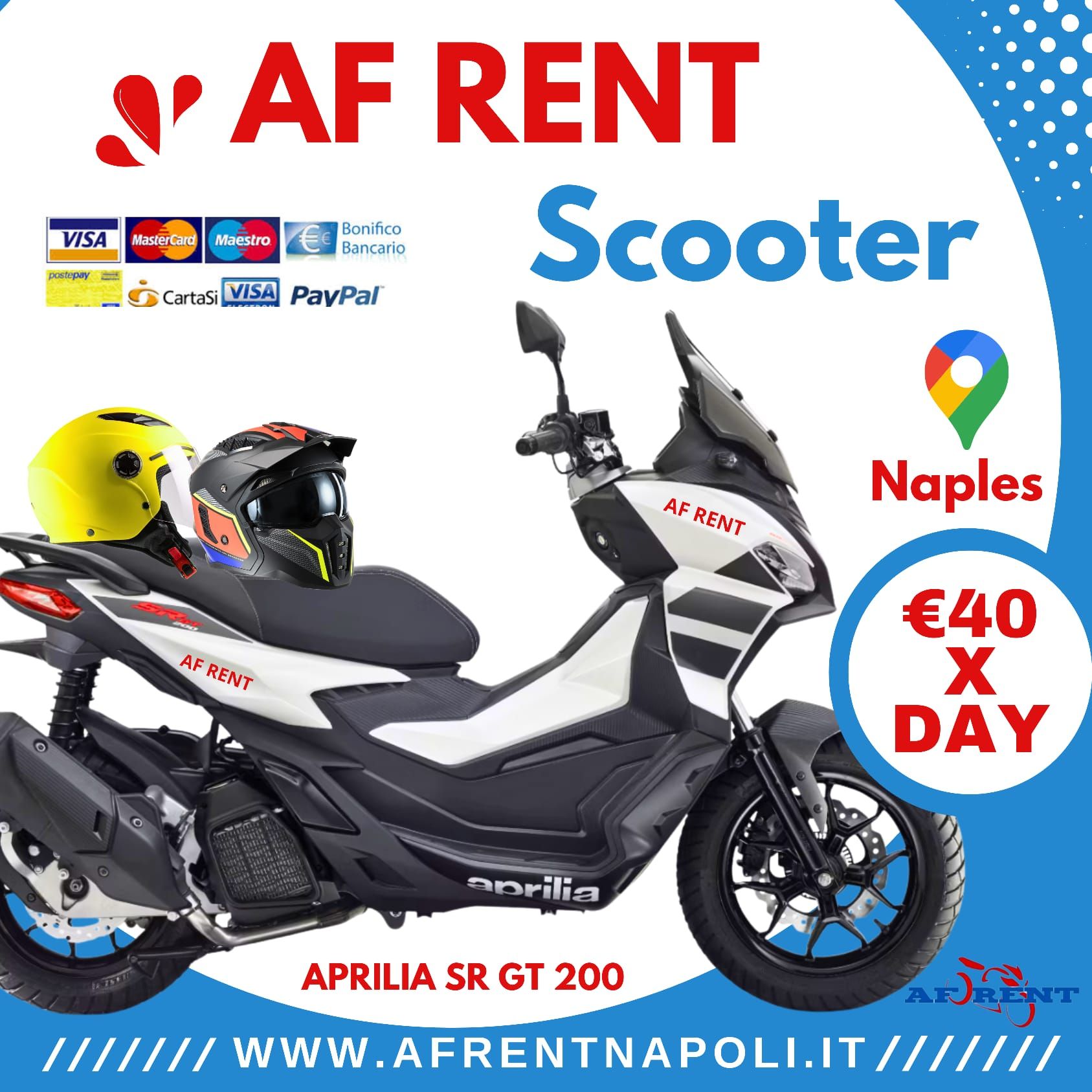 Rent Scooter Naples Port-  Aprilia SR GT 200 in Naples Central Station. AF Rental