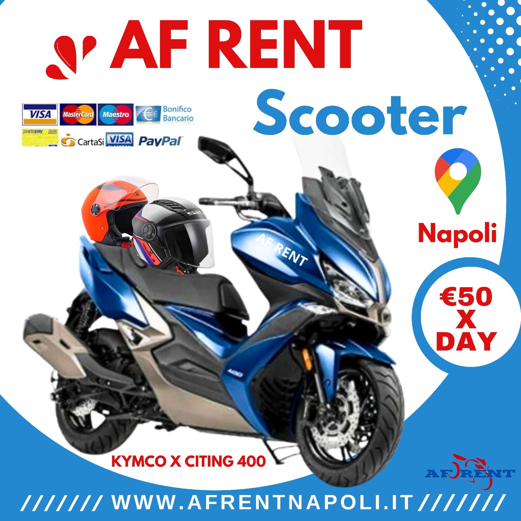 Kymco X-Citing 400 scooter rental service in Naples. Sporty design for city and extra-urban tours with AF Rent.