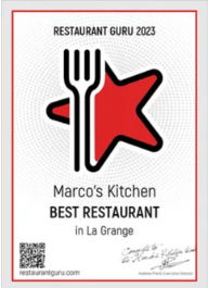 Restaurant Guru 2023 award for Marco's Kitchen: Best Restaurant in La Grange; red star logo with fork.