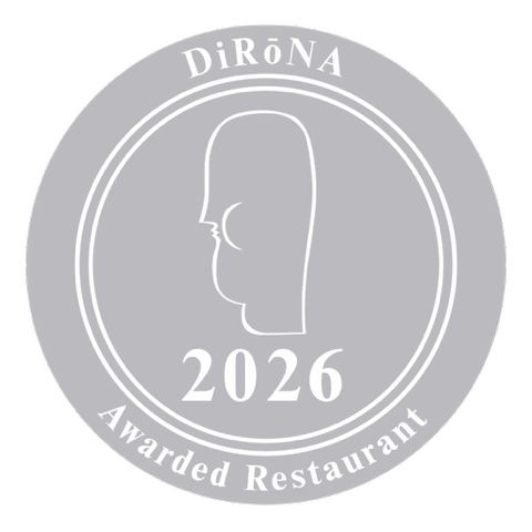 Silver DiRōNA 2026 Awarded Restaurant badge. Contains an abstract head silhouette, and text: 