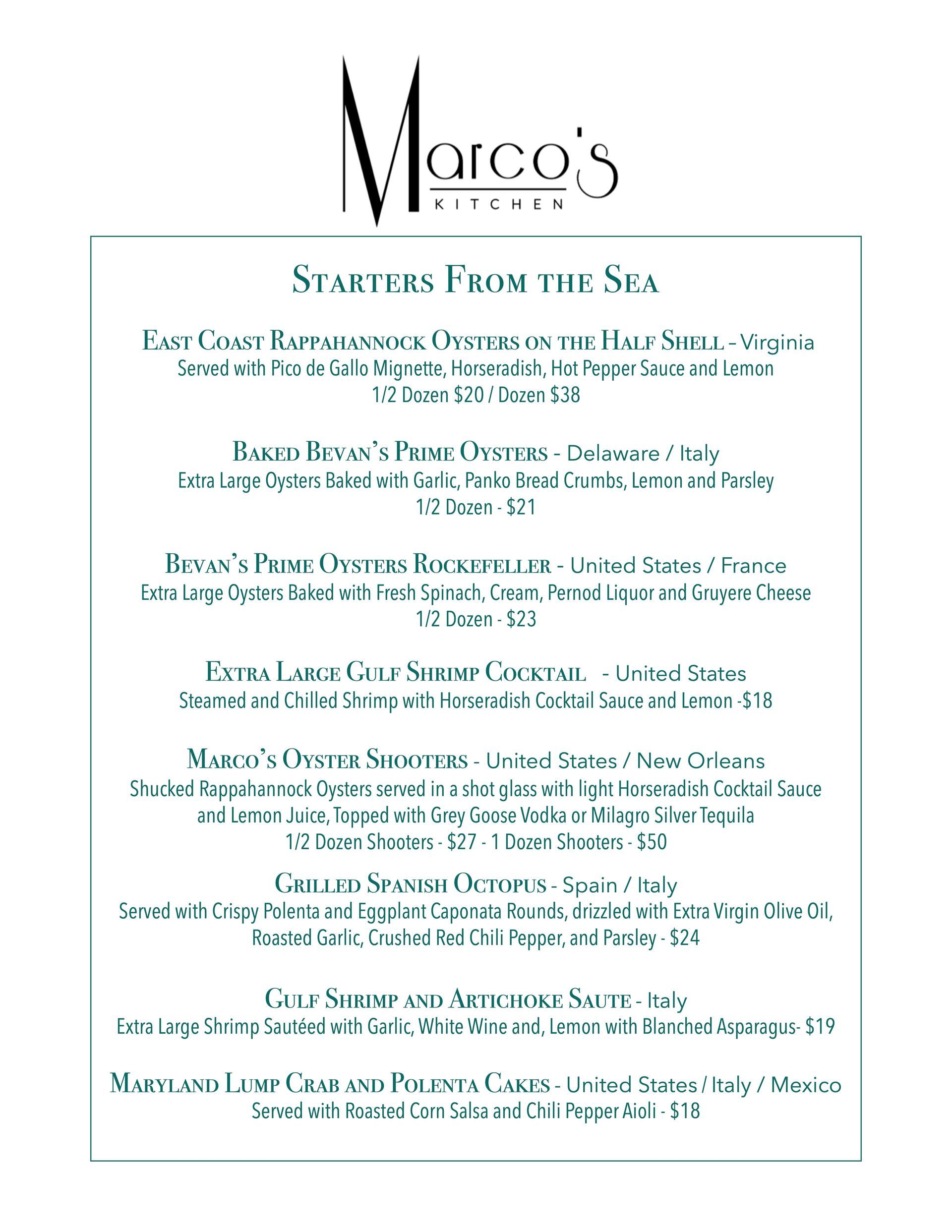 A menu for marco 's kitchen with a lot of text on it