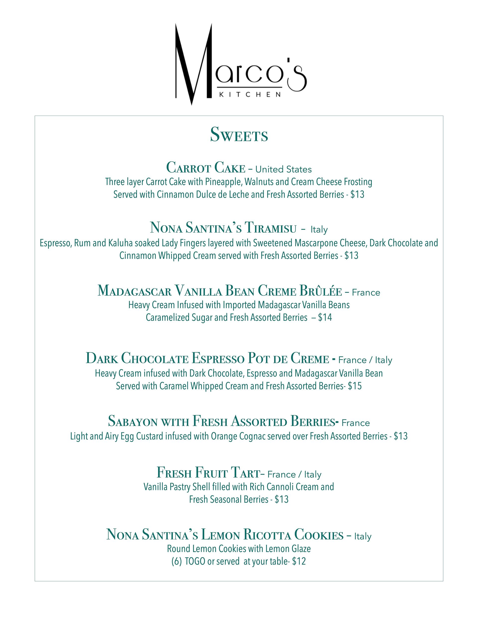A menu for marco 's restaurant shows a variety of food and drinks.