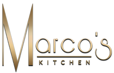 A gold logo for marco 's kitchen on a white background