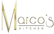 The logo for marco 's kitchen is a gold logo with a white background.