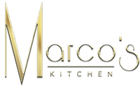 The logo for marco 's kitchen is a gold logo with a white background.