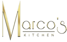 The logo for marco 's kitchen is a gold logo with a white background.