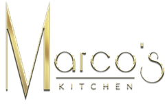The logo for marco 's kitchen is a gold logo with a white background.