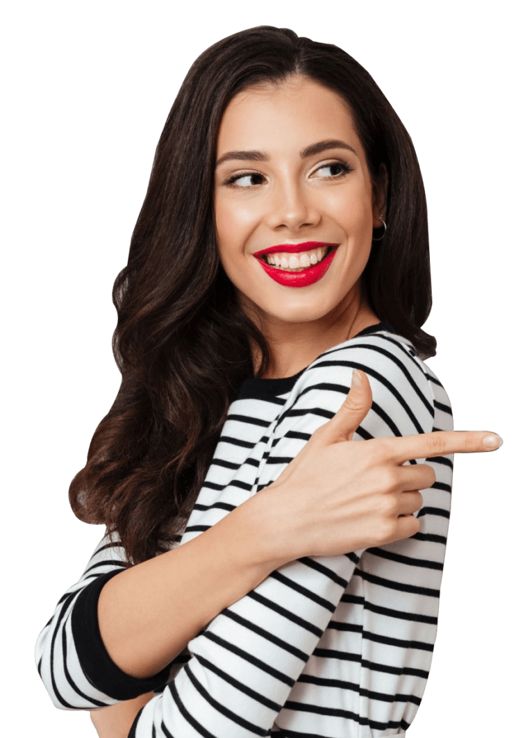 Woman Smiling and Pointing | Same Day Dentures and Dental Implants | Fenton and St. Louis MO