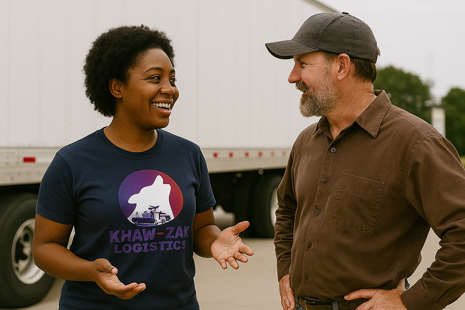 A Khaw-zak Logistics team member talks with the truck driver.