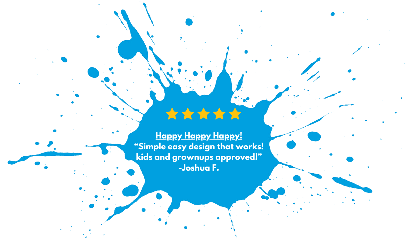 A blue splash of paint with a review on it