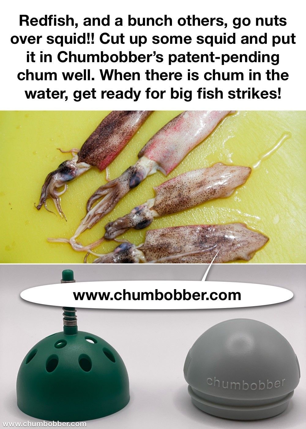 A bunch of squid on a cutting board next to a chumbobber