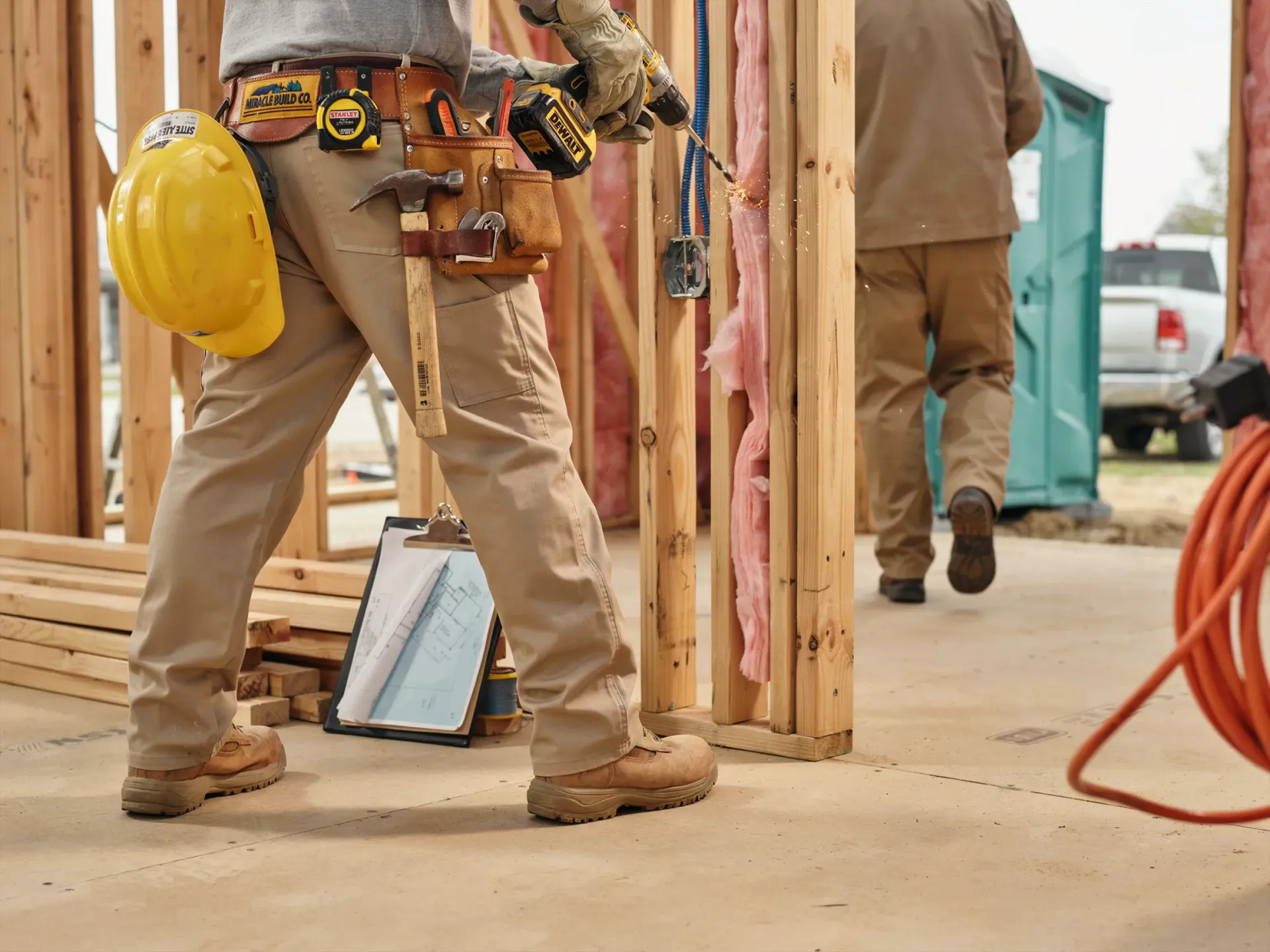 Construction workers framing a wooden wall at a building site, with tools and a yellow hard hat visible