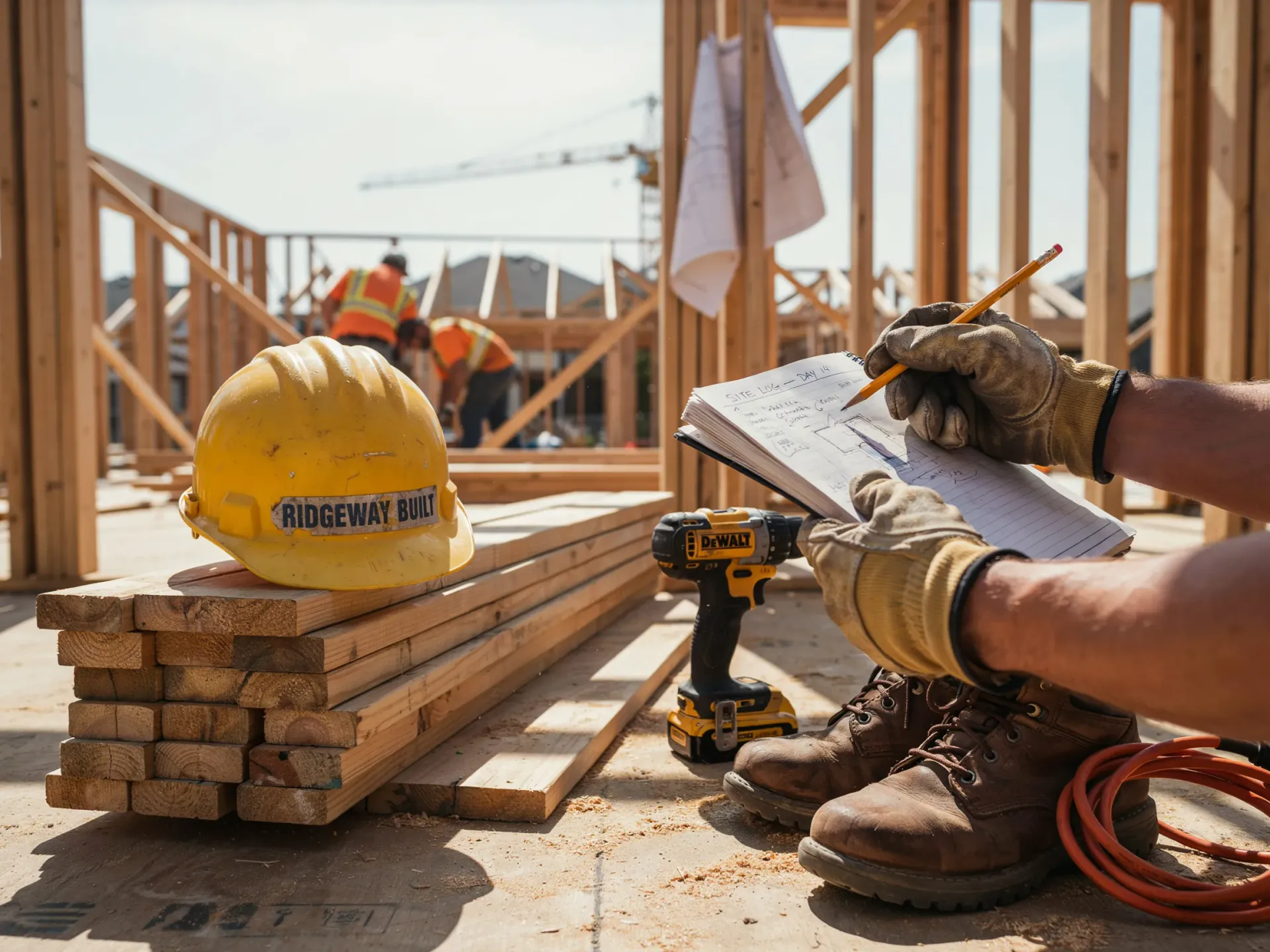 Construction worker holding clipboard beside stacked lumber and hard hat at a building site