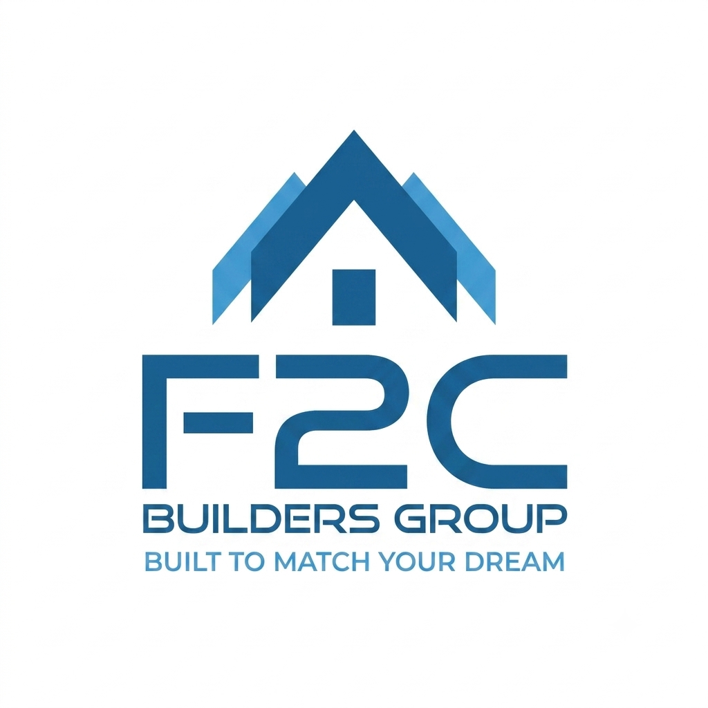 F2C Builders Group logo in blue with house roof icon and tagline “Built to Match Your Dream”