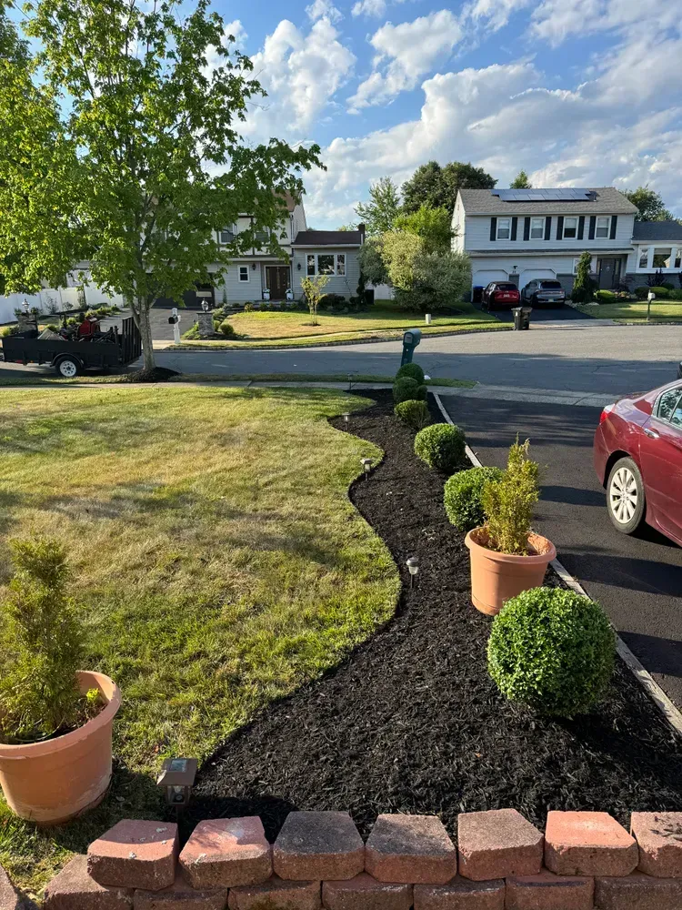 A red car is parked in a driveway next to a lush green lawn.