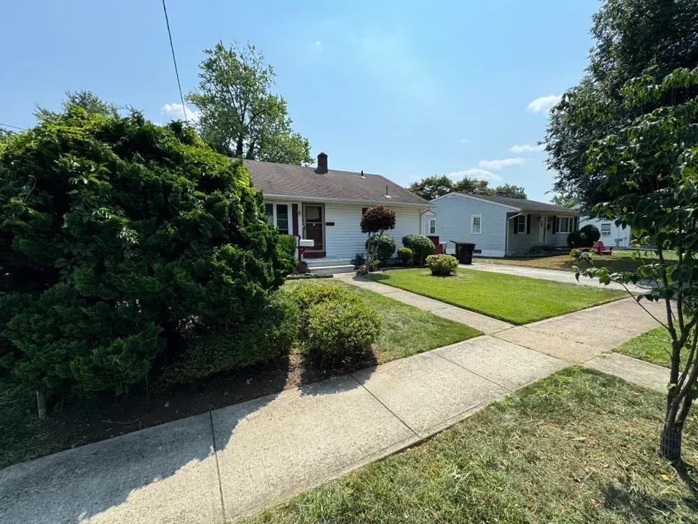 A white house with a brown roof is surrounded by trees and bushes on a sunny day.