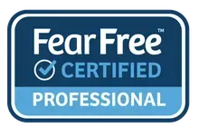 Fear Free Certified Professional badge with blue and white design.