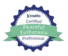 Badge: Caeta Certified Peaceful Euthanasia Professional. Blue and green colors.