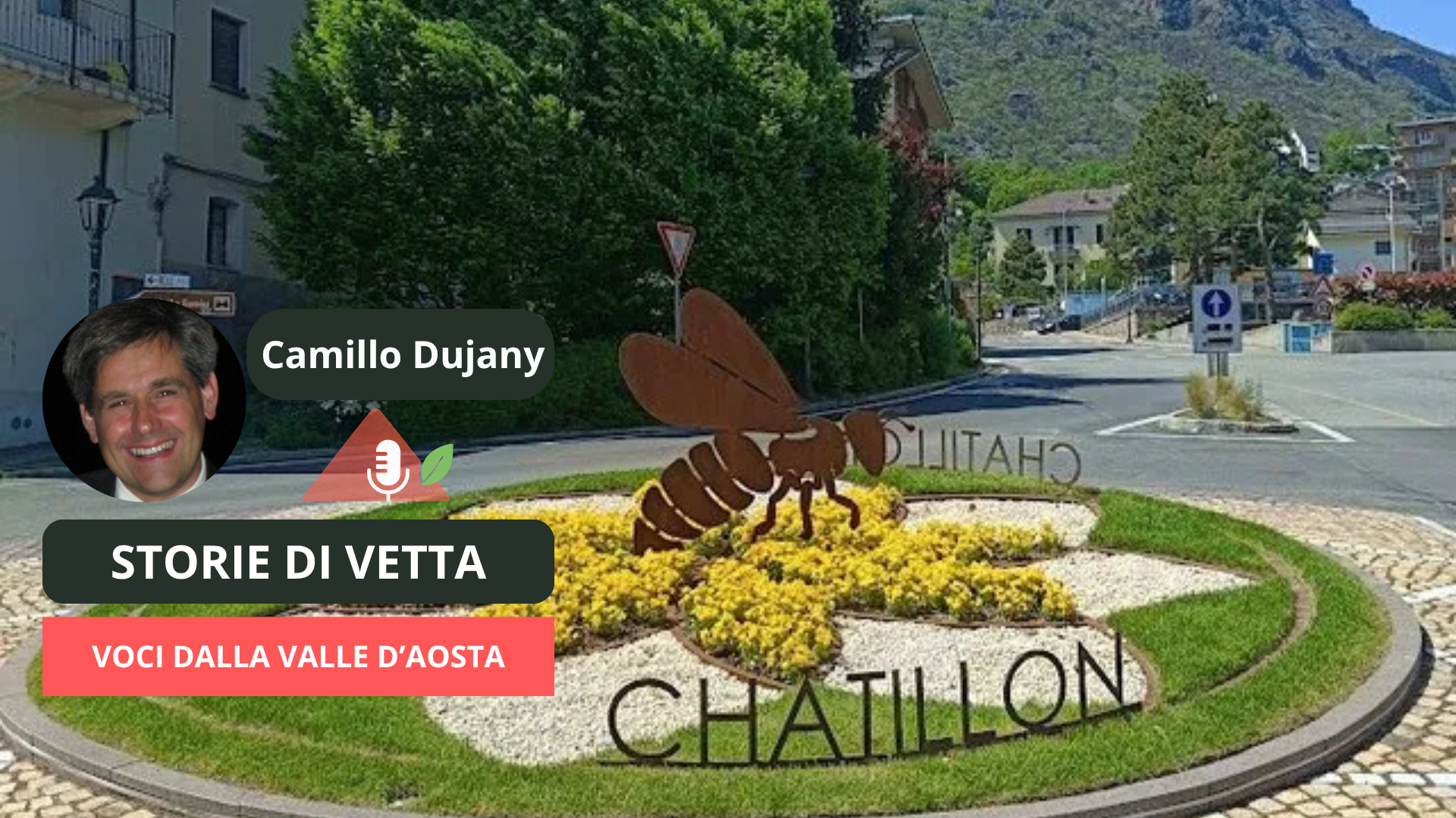 Rotonda del Miele di Châtillon con ritratto di Camillo Dujany e grafiche “Storie di Vetta