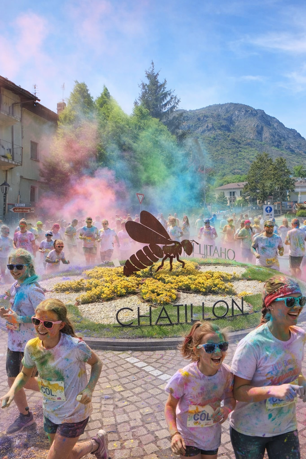 Rotonda di Châtillon colorata con effetto Color Run, ingresso alla Valtournenche e Porta del Cervino