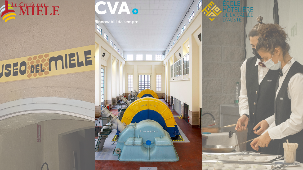 Immagine suddivisa in tre sezioni con il Museo del Miele di Châtillon, la centrale CVA e studenti impegnati nelle attività pratiche all’École Hôtelière de la Vallée d’Aoste.