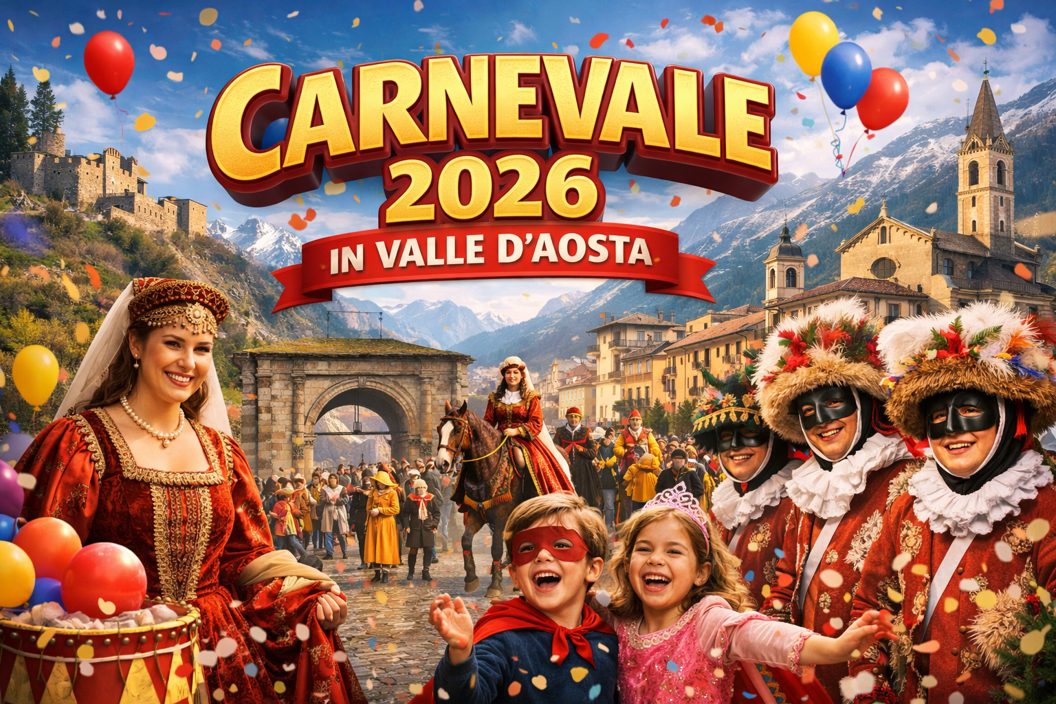 Carnevale 2026 in Valle d’Aosta con maschere tradizionali, bambini in costume, corteo storico e paes