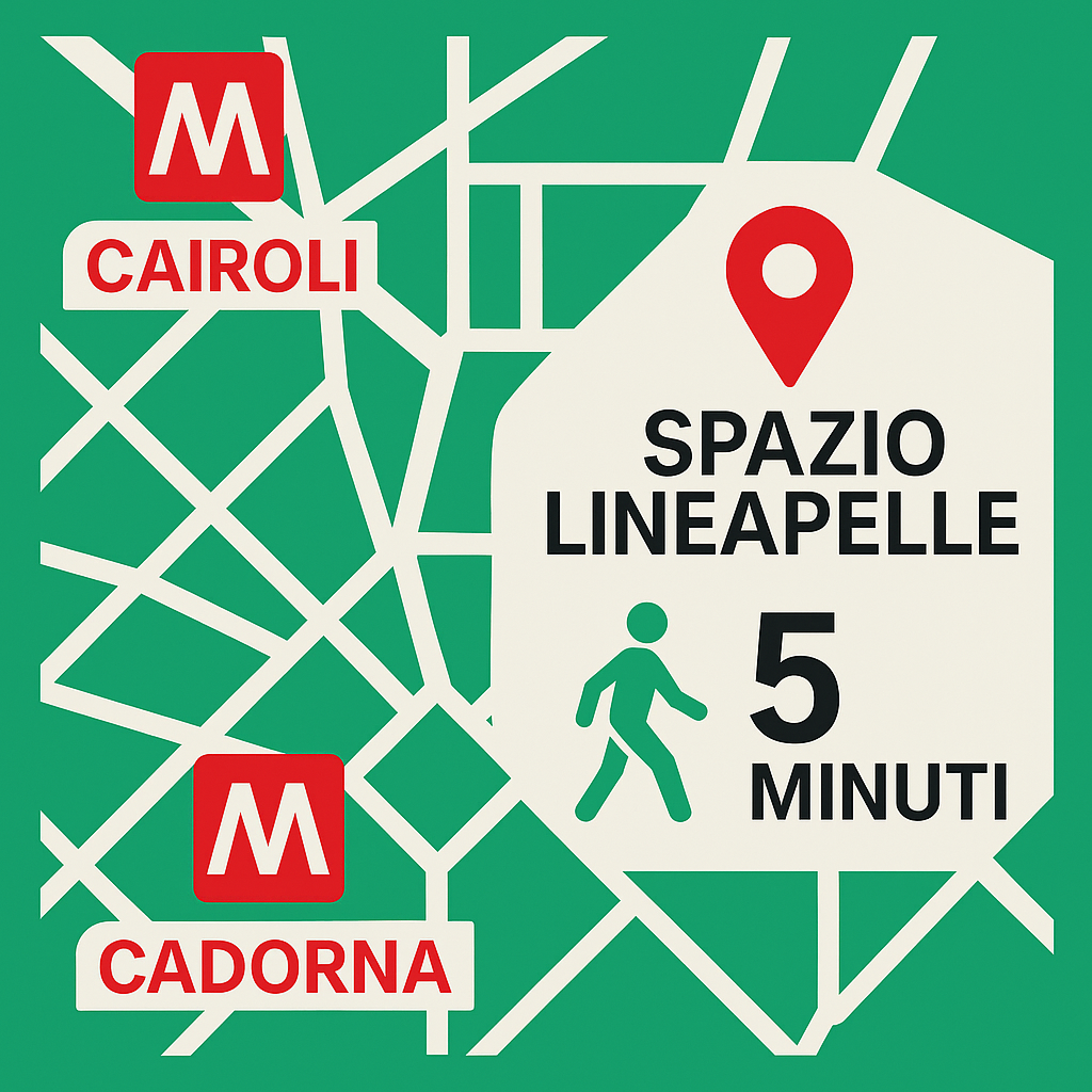 Mappa grafica che mostra la posizione dello Spazio LINEAPELLE a Milano, a 5 minuti a piedi dalle fermate metro Cairoli e Cadorna.