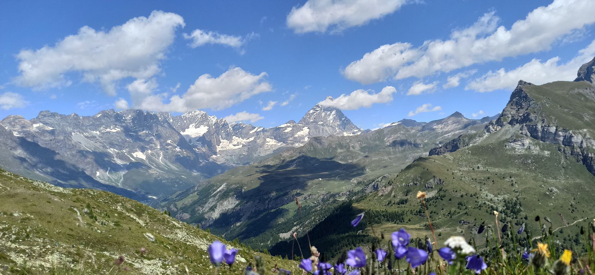 Panoramic view from Point Sublime overlooking the Alpine peaks and valley below in Aosta Valley