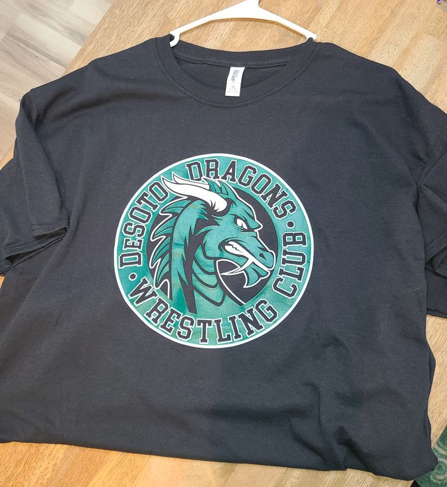 A black t-shirt with a dragon and the words dragons wrestling club on it