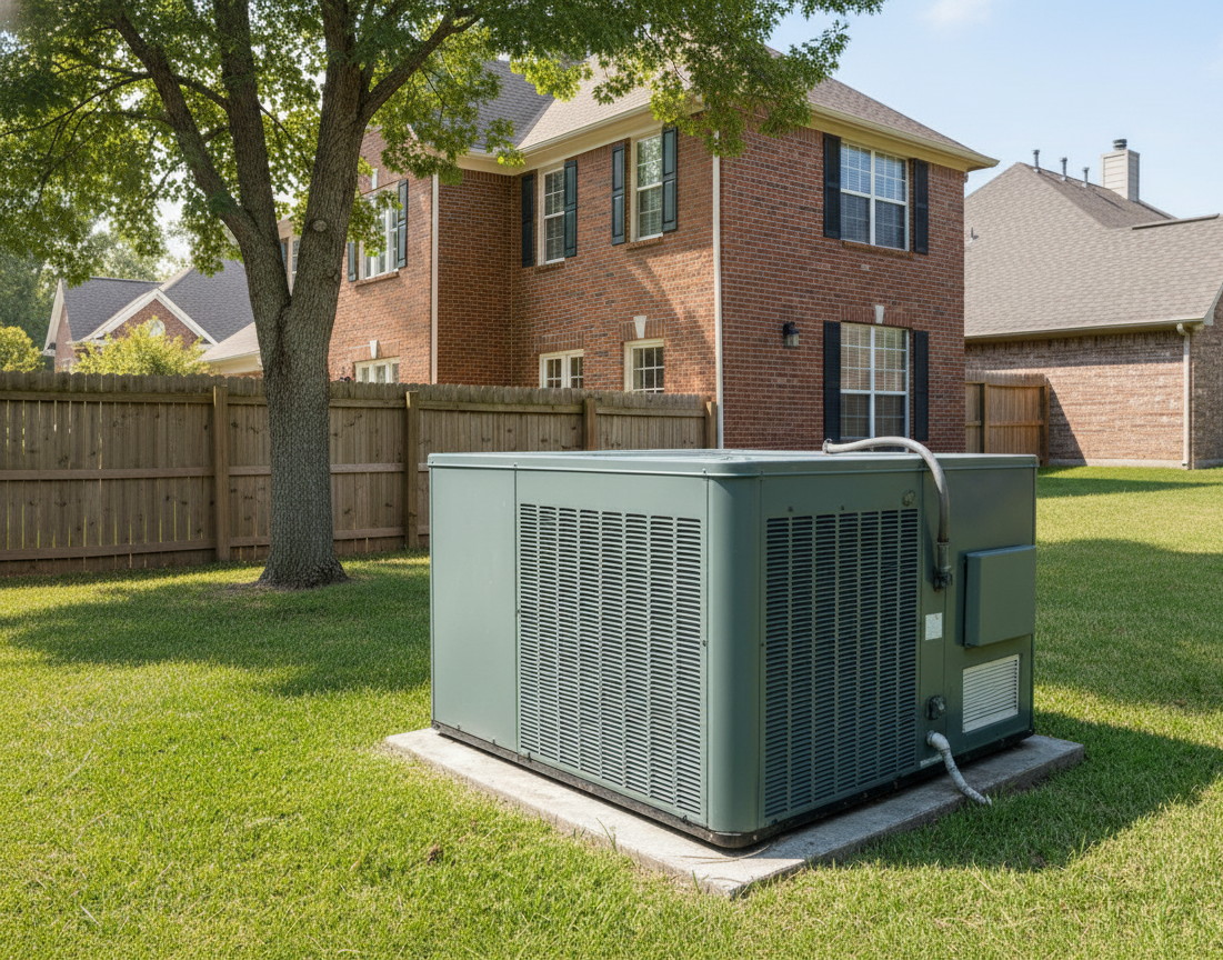 Green air conditioning unit on concrete pad in a yard, with a brick house and wooden fence in background.