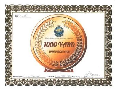 A certificate that says 1000 yard on it