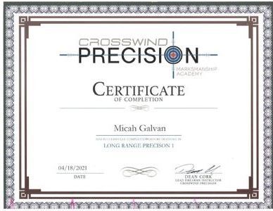A certificate of completion for crosswind precision long range precision 1.