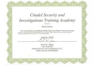 A certificate from the citadel security and investigations training academy