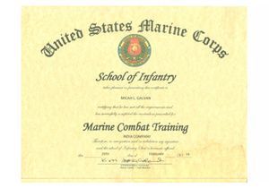 A certificate from the united states marine corps school of infantry marine combat training.