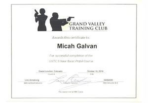 A certificate from the grand valley training club is awarded to micah galvan.