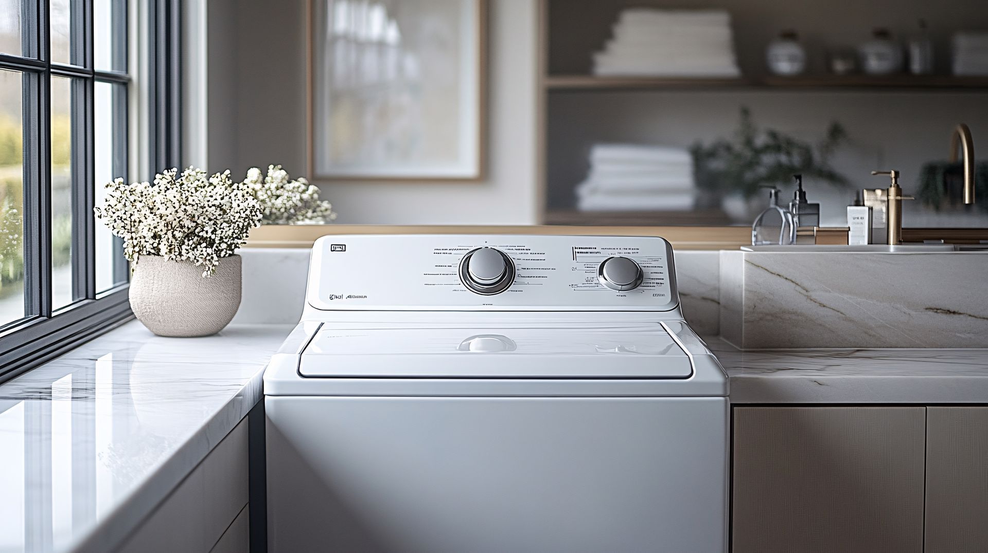 Person in yellow gloves repairs a washing machine with a screwdriver. Tools and parts are visible.