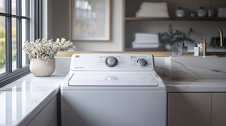 Man repairing dryer, kneeling on floor, working on internal components. Man repairing dryer, kneeling on floor, working on internal components.